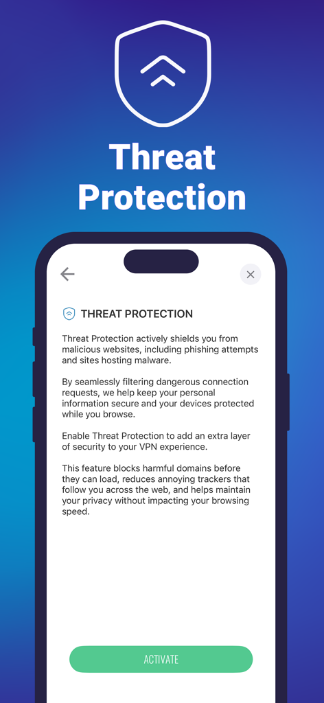 Le VPN: Fast & Secure - Le VPN app interface showcasing the Threat Protection feature for blocking malicious websites and trackers.