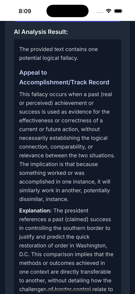 Logic Guardian - Logic Guardian app screen displaying an AI analysis result that identifies an Appeal to Accomplishment logical fallacy.