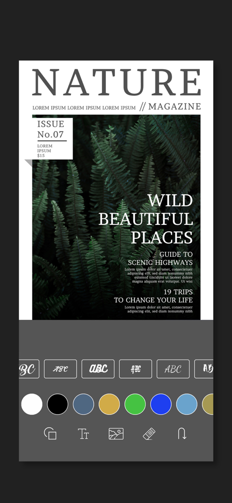 Banner maker app interface designing a nature magazine cover with text and color editing tools