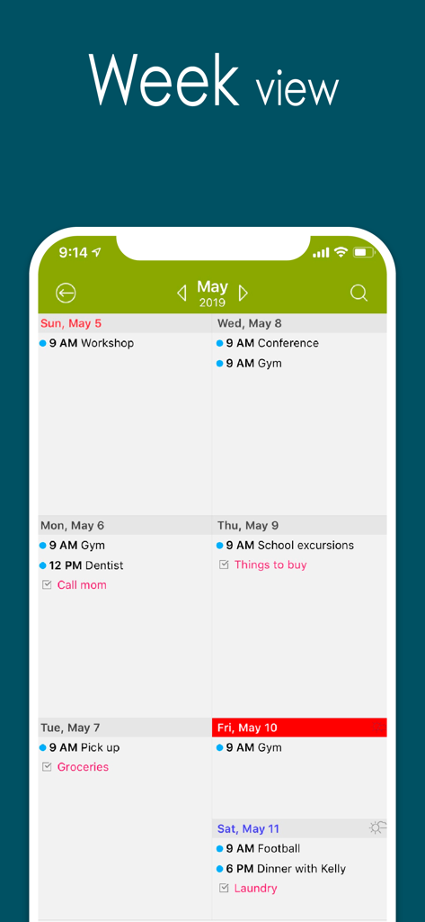Vue hebdomadaire de l'application Awesome Calendar montrant l'emploi du temps et les tâches quotidiennes