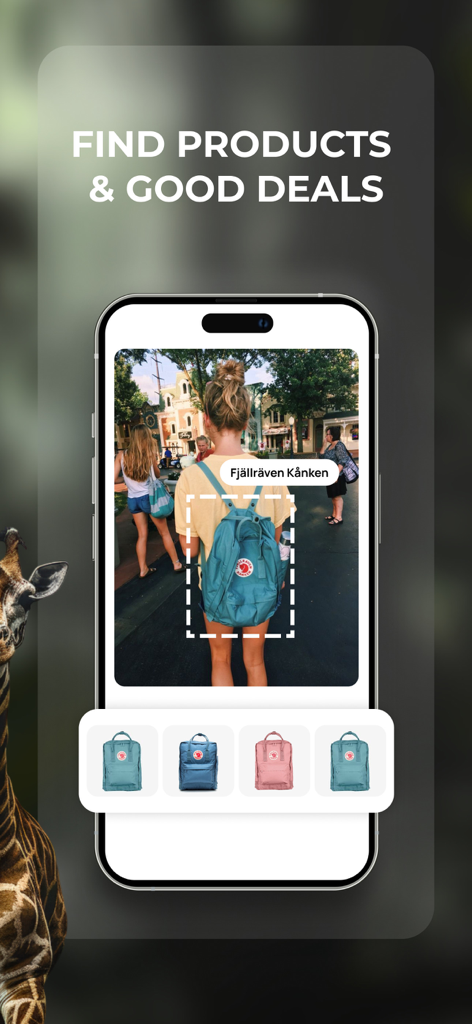 A smartphone screen showing the Lens app identifying a backpack to help users find products and deals online.