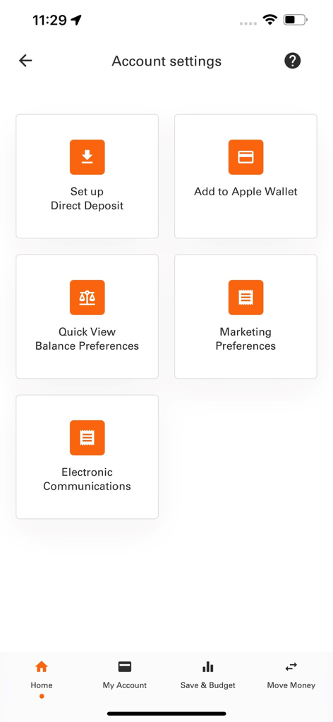 Pantalla de configuración de cuenta de la App Móvil Money Network que muestra opciones para depósito directo y Apple Wallet.