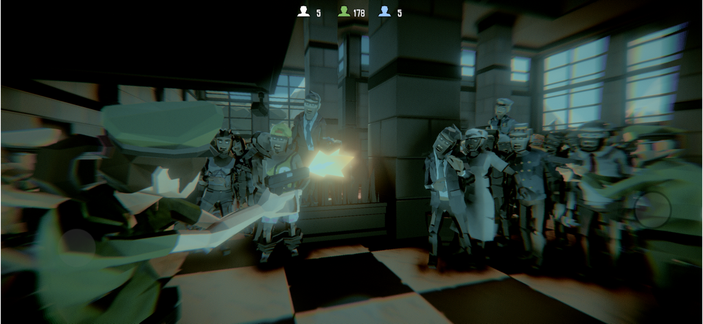 First person perspective of a soldier firing a handgun in a stylized battle simulation