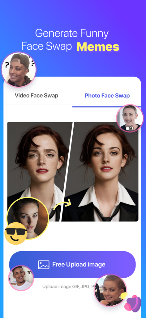 FaceX: Video & Photo Face Swap - Interface of FaceX app showing the photo face swap feature for creating memes with an upload button