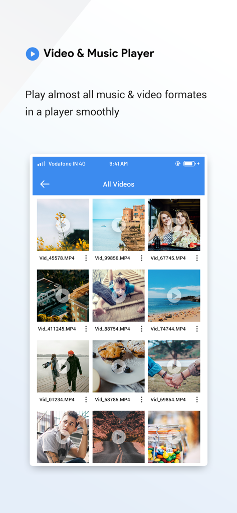All Media Player : MP3 Player - iPhone screen displaying a grid of video thumbnails in the All Media Player app interface