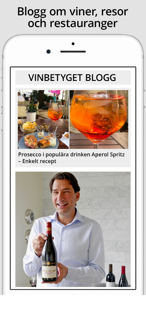 VinBetyget - VinBetygetモバイルアプリのブログ画面のスクリーンショット、アペロールスプリッツと専門家のおすすめワインに関する記事を特集