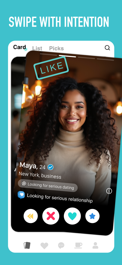 SweetRing Dating App - SweetRing dating app interface showing a user profile card for serious dating with the slogan Swipe with Intention