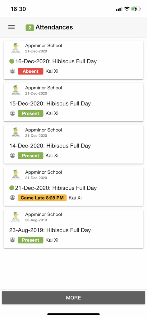 School2me - Attendance tracking screen in School2me app showing student daily attendance logs and status