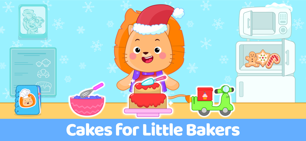 Cake Maker Kids Cooking Games - Un personaje león de dibujos animados con un gorro de Santa preparando un pastel de dos pisos en una cocina temática navideña con un scooter de reparto