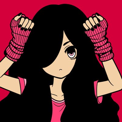 long haired girl with fingerless gloves