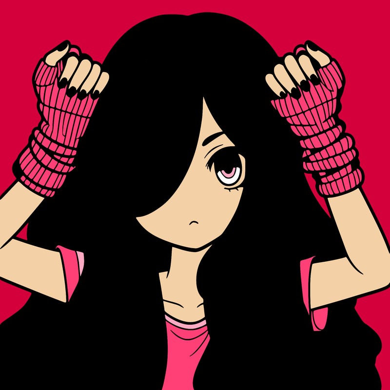 long haired girl with fingerless gloves