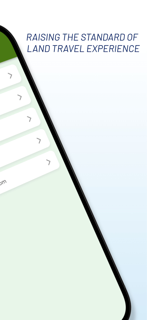 Larryta Bus - A smartphone screen showing the Larryta Bus app with the slogan Raising the standard of land travel experience