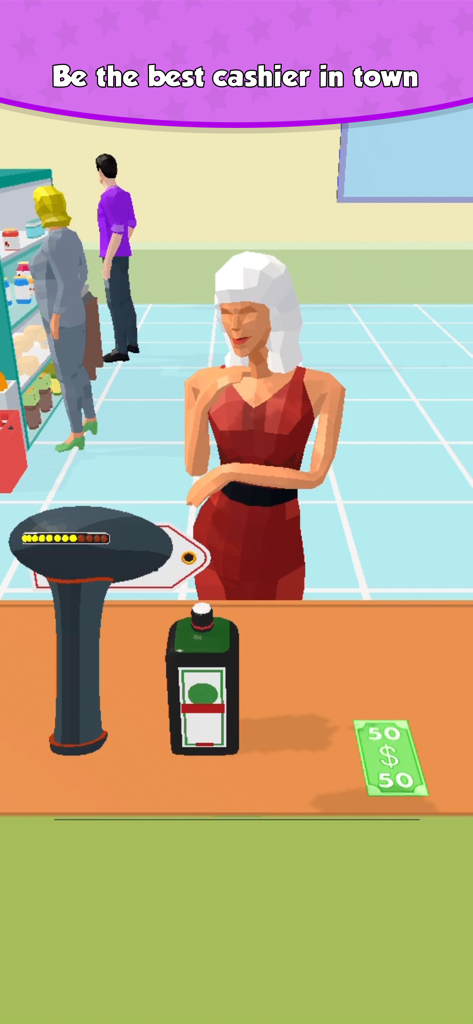 A 3D simulation of a supermarket cashier scanning items for a customer at the checkout counter