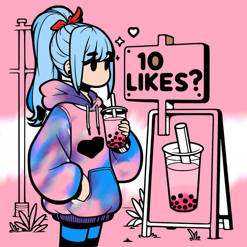 girl with oversized hoodie drinking boba and she has a high ponytail with a sign that says 10likes?