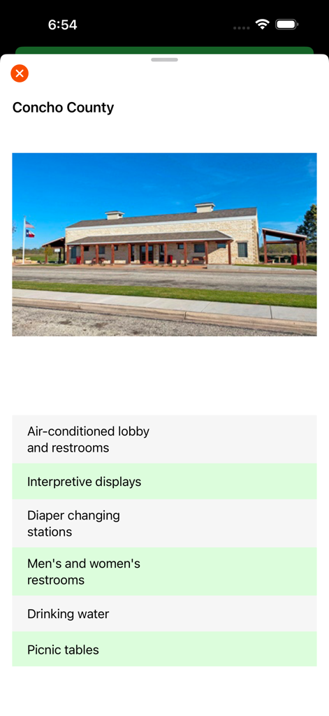 Texas Traveler - Amenities list and photo for a Concho County rest area in the Texas Traveler app