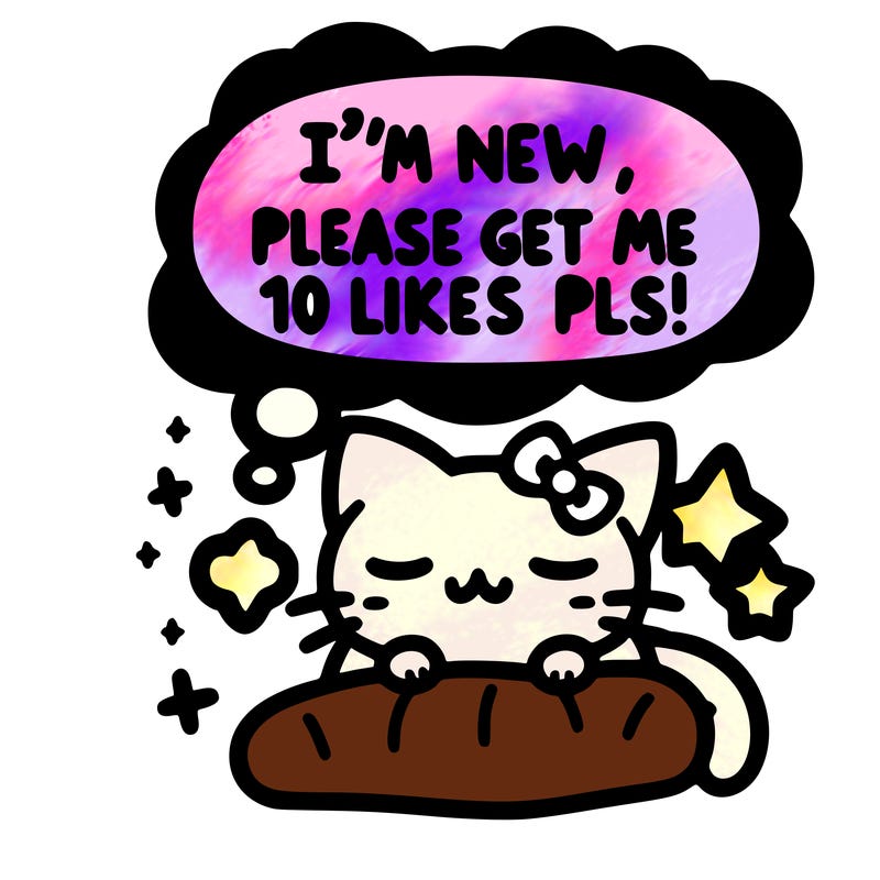 kitty taking a nap dream talking and saying "i'm new, please get me at least 10 likes pls!!"