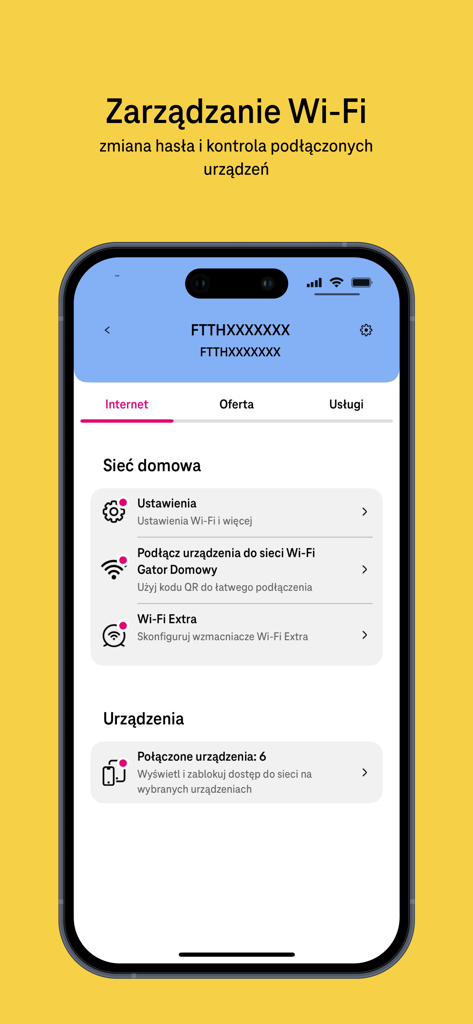 Moj T-Mobile app screenshot showing home Wi-Fi management options including settings and connected devices.