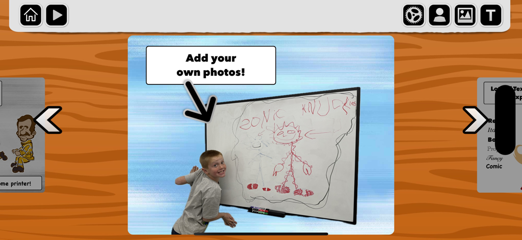 Book Builder: School Edition - Un niño de pie junto a una pizarra con dibujos en la interfaz de la aplicación Book Builder Edición Escolar, destacando la función de agregar tus propias fotos.