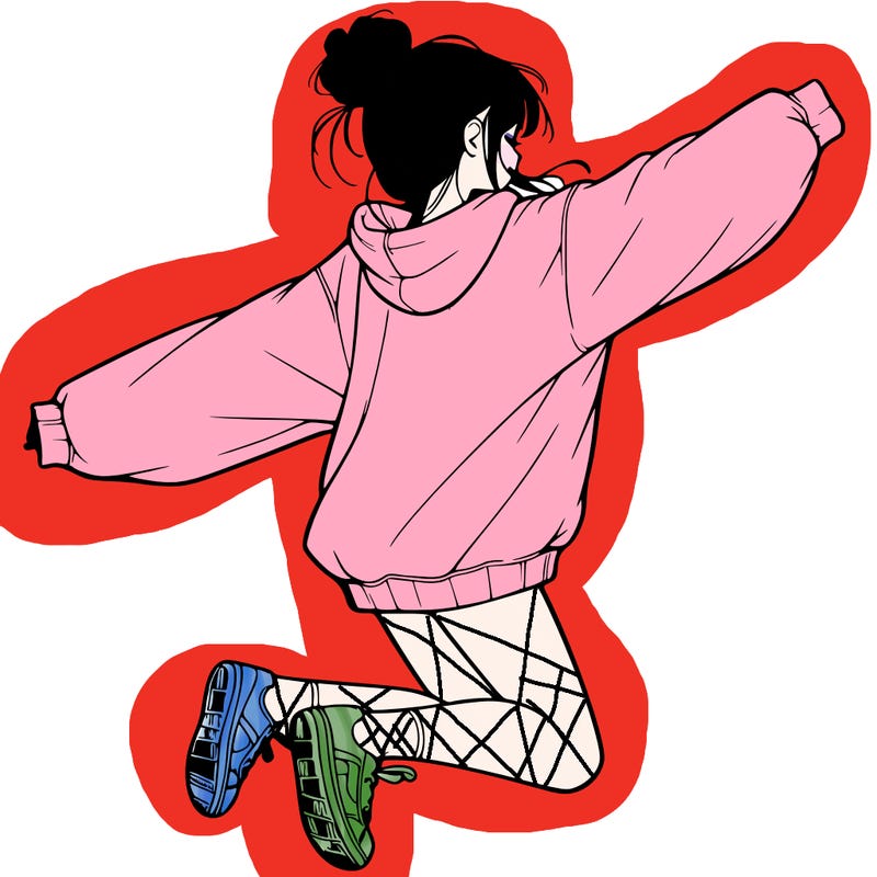 realistic girl jumping with a bun and oversized sweatshirt