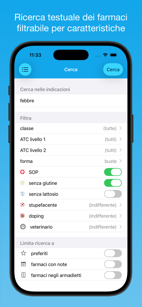 iFarmaci Premium - Interfaz avanzada de búsqueda de medicamentos con filtros para medicamentos sin gluten y sin lactosa.
