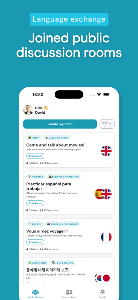 Vocalis: Learning Languages - Interfaz de la aplicación Vocalis que muestra una lista de salas de discusión públicas de intercambio de idiomas para diferentes niveles de competencia