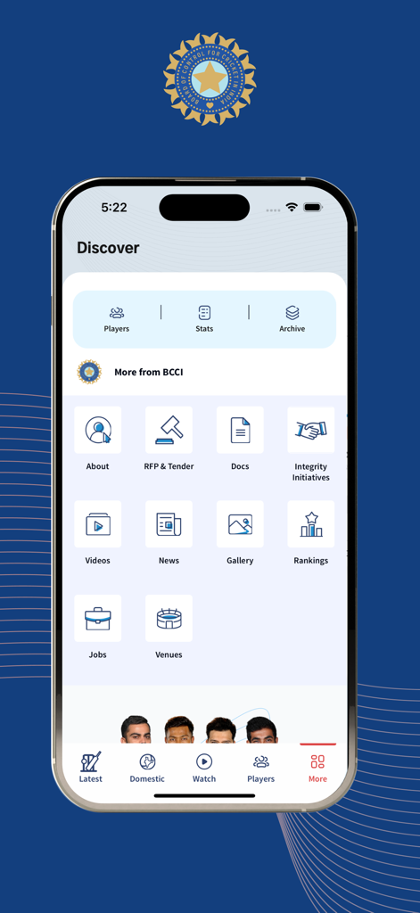 La pantalla de Descubrir de la aplicación oficial de BCCI mostrando iconos de menú para noticias de críquet, clasificaciones, estadísticas de jugadores y videos.