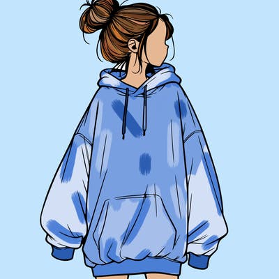 realistic girl with a oversized sweatshirt on and a bun