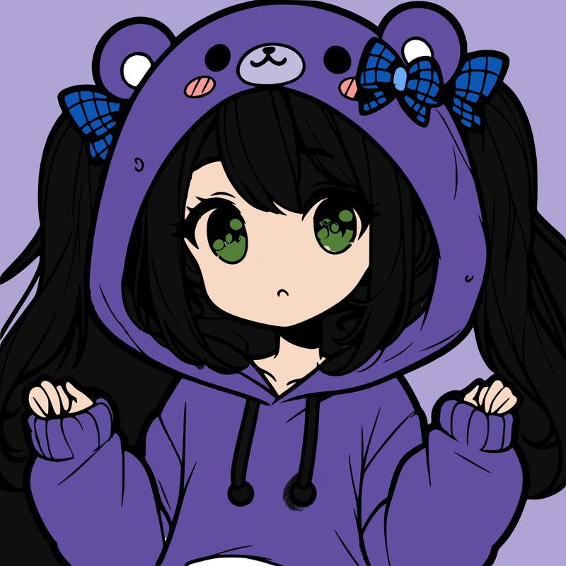 cute anime girl with ponytails and a cute bear hoodie