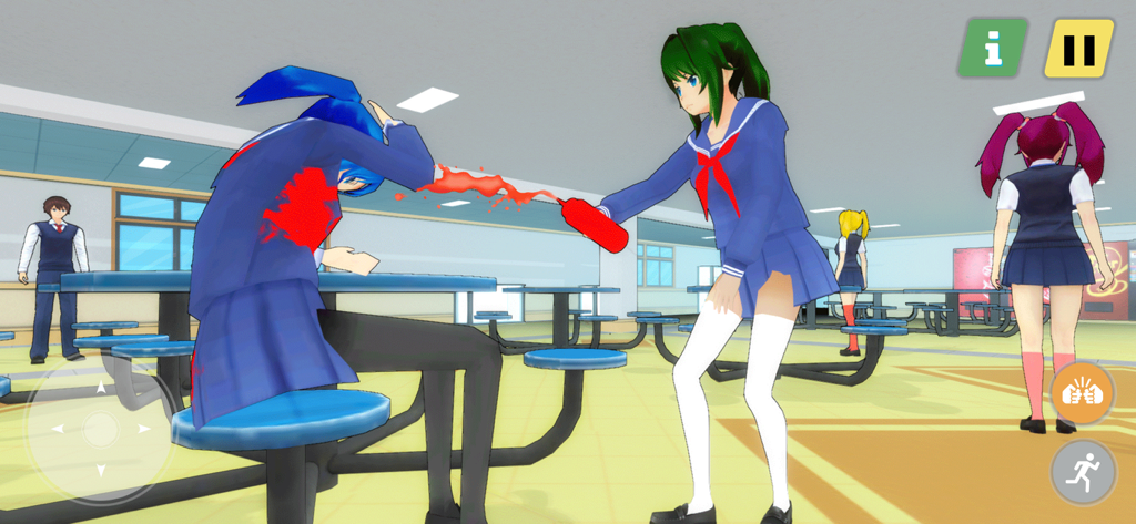Yandere Simulator High School - Anime girl character pranking another student with ketchup in a high school cafeteria
