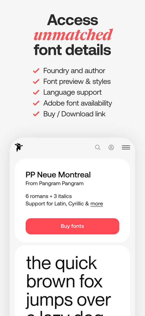 Fonts Ninja app interface showing detailed typography information including font foundry styles and download links
