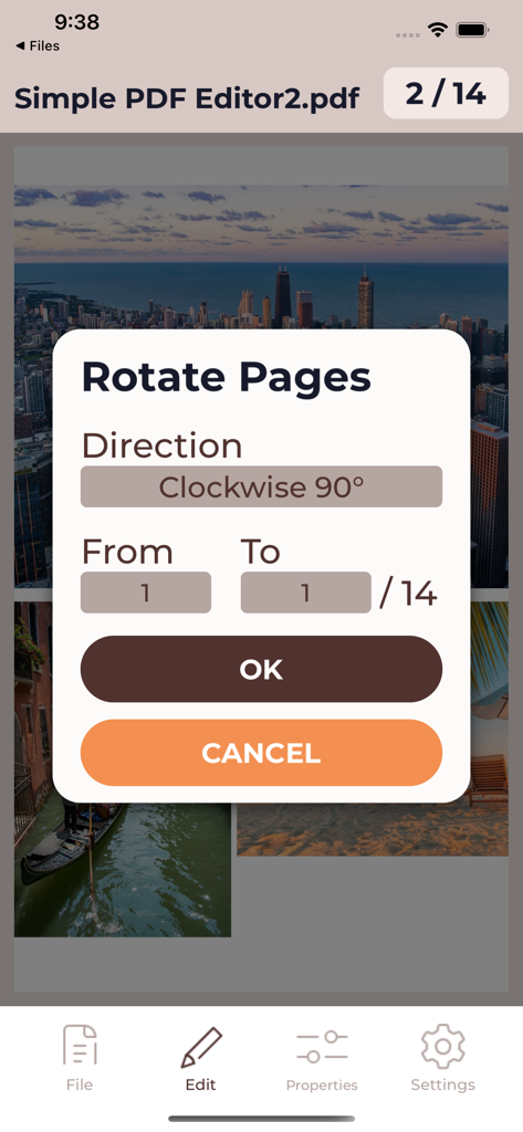 回転方向とページ範囲のオプションが表示される、シンプルなPDFエディターアプリのページ回転ダイアログウィンドウ