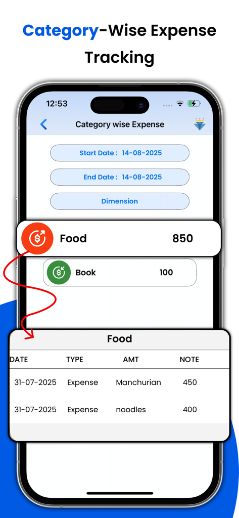 Expense Tracker - Daily Spend - Smartphone screen displaying expenses by category with a detailed list for food spending