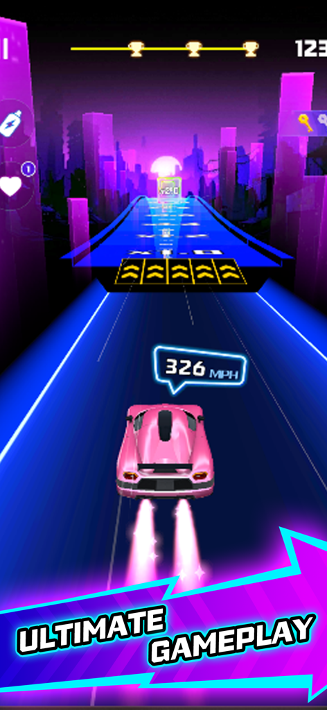 Rhythm Racer Music Go - Pink sports car racing on a neon track in a cyberpunk city environment