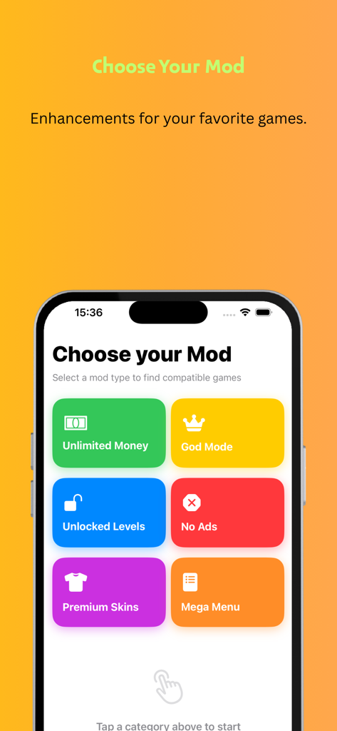 Happy RockMods app screen showing categories for game enhancements like god mode and premium skins