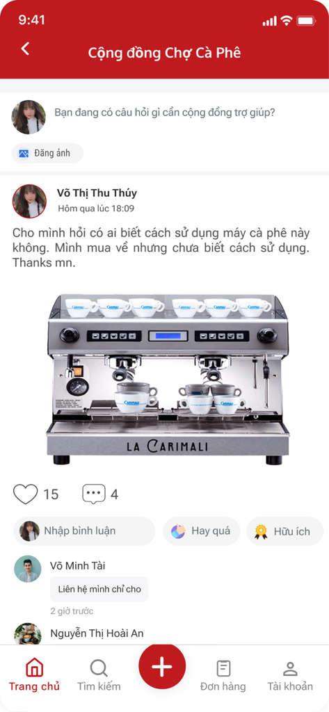 Chợ Cà Phê - Community screen in the Cho Ca Phe app featuring a user post about professional coffee equipment