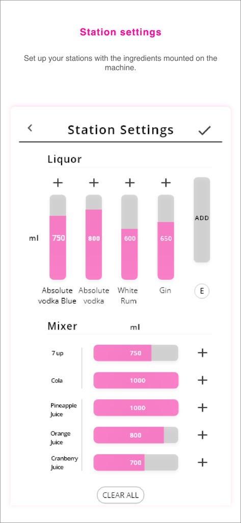 Barsys - Barsys app interface for configuring liquor and mixer station levels with ml measurements