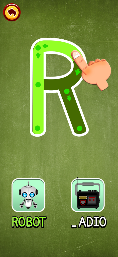 ABC Dinos Premium: Reading - Uma mão traçando a letra maiúscula R em uma interface de quadro-negro verde