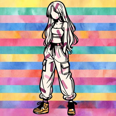 girl in baggy pants crop top and long hair