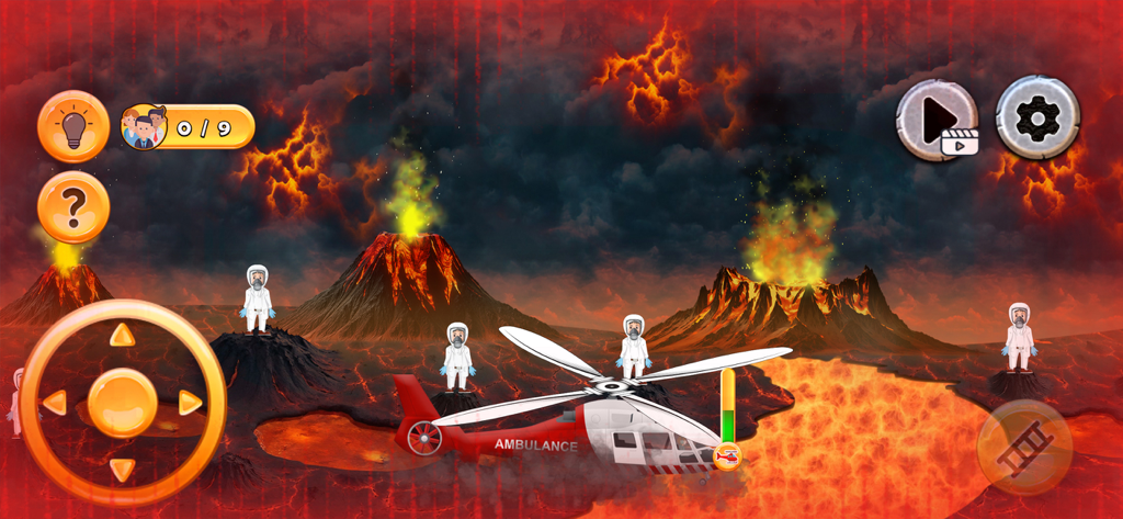 Aid Heli Ambulance Simulator - Ambulance helicopter rescuing survivors from an erupting volcano landscape