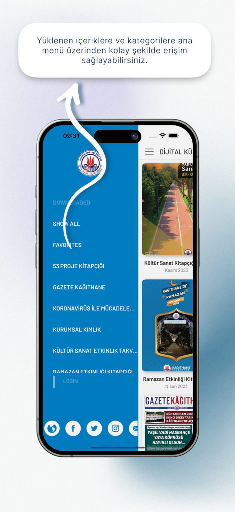 Dijital Kütüphane - Main menu screen of the Dijital Kütüphane app showing various publication categories like newspapers and project booklets.
