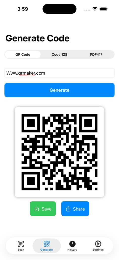 QR Maker: Code Reader, Scanner - QR Makerアプリのインターフェースには、URLから生成されたQRコードと、保存および共有のオプションが表示されています。