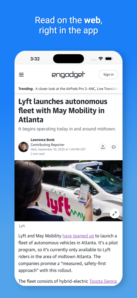 Newsify app displaying a news article from Engadget in its built-in web browser.