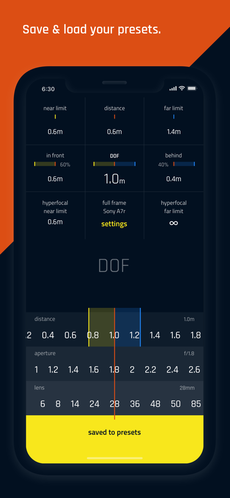 DOF Pro - Pantalla de la aplicación DOF Pro que muestra los resultados del cálculo de la profundidad de campo y una notificación de preajustes guardados