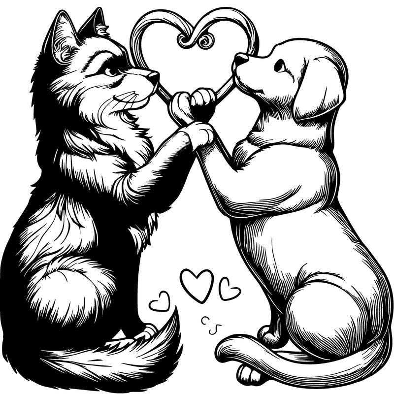 realistic cat and dog making a love heart with their tails