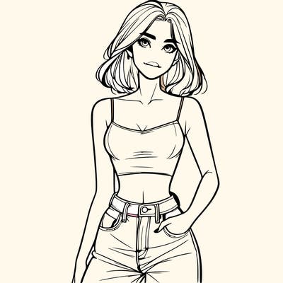 a realistic girl with a crop top and jeans
