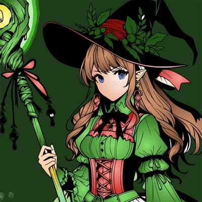 a realistic fantasy manga witch with a staff