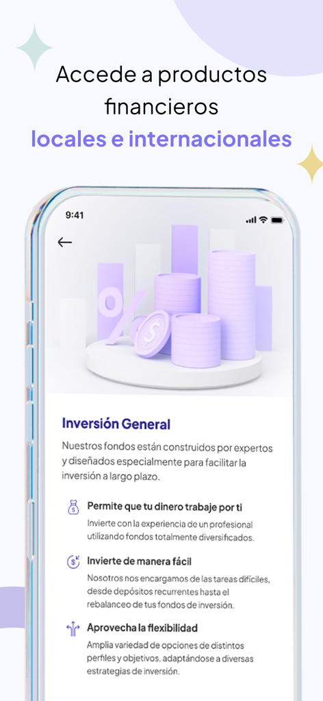 Arka - Tela móvel do aplicativo Arka exibindo opções gerais de investimento e benefícios de produtos financeiros em espanhol.