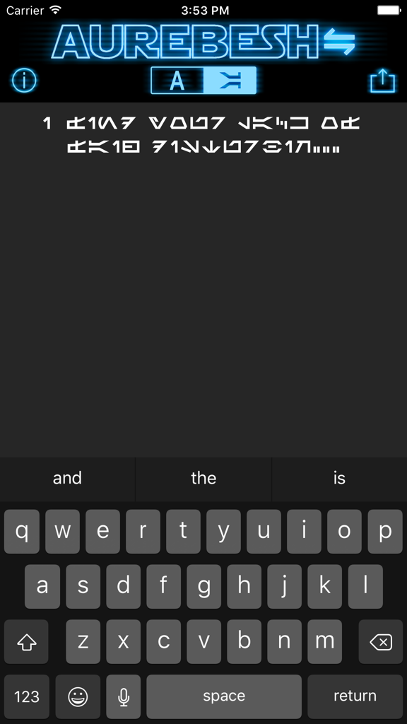 Schermata del traduttore dell'app Aurebesh IO che mostra il testo in inglese convertito in scrittura galattica di Star Wars con tastiera iOS.