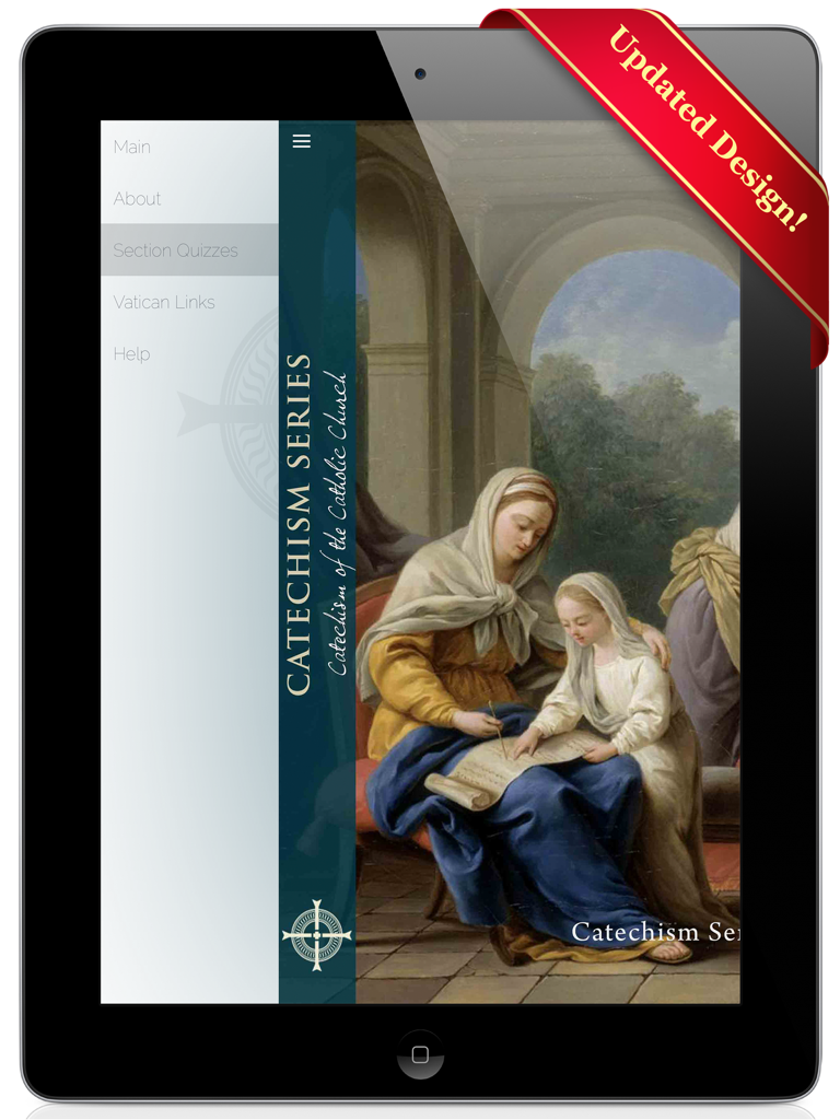 CCCSeries1HD - Main menu of the CCCSeries1HD Catholic Catechism educational app on an iPad showing section quizzes and Vatican links