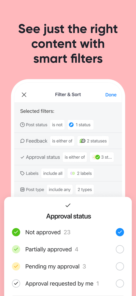 Planable Mobile App-Bildschirm, der intelligente Filteroptionen und Genehmigungsstatus-Kategorien für Social-Media-Posts anzeigt.